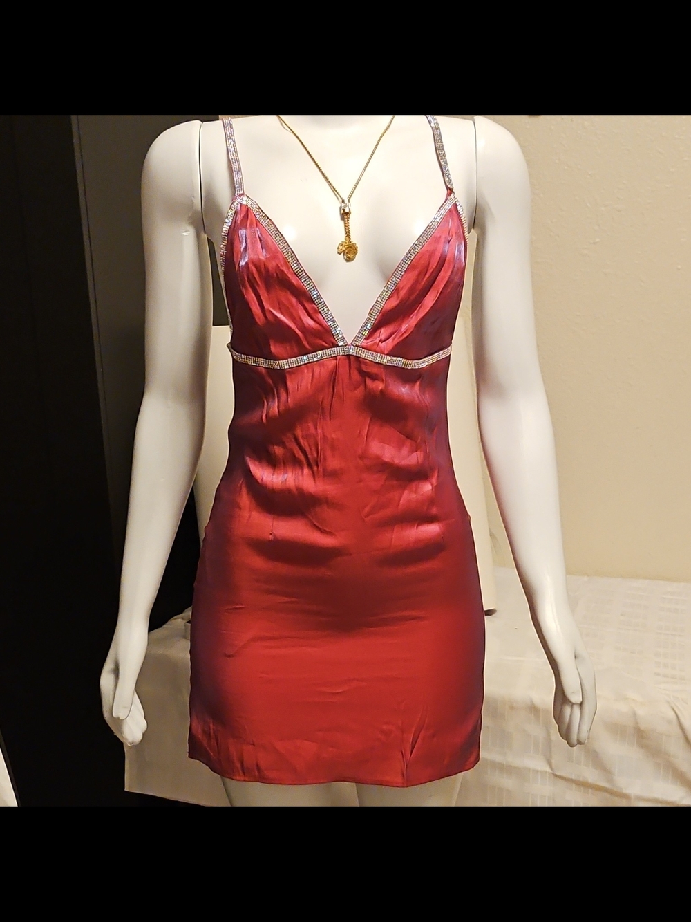 Blue Blush Red Satin Slip Dress with Rhinestone Trim